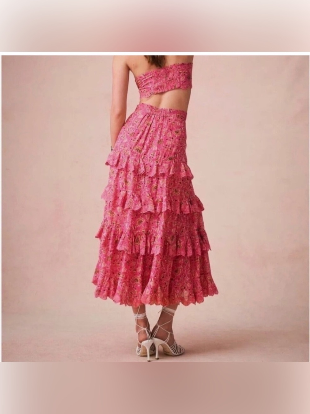 NWT Caroline Constas Pink Floral Cotton 2-Piece Set Crop Top Tiered Midi Skirt - Picture 13 of 17